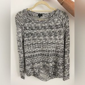 Small Gray White and Black Sweater with Open Fringed Back